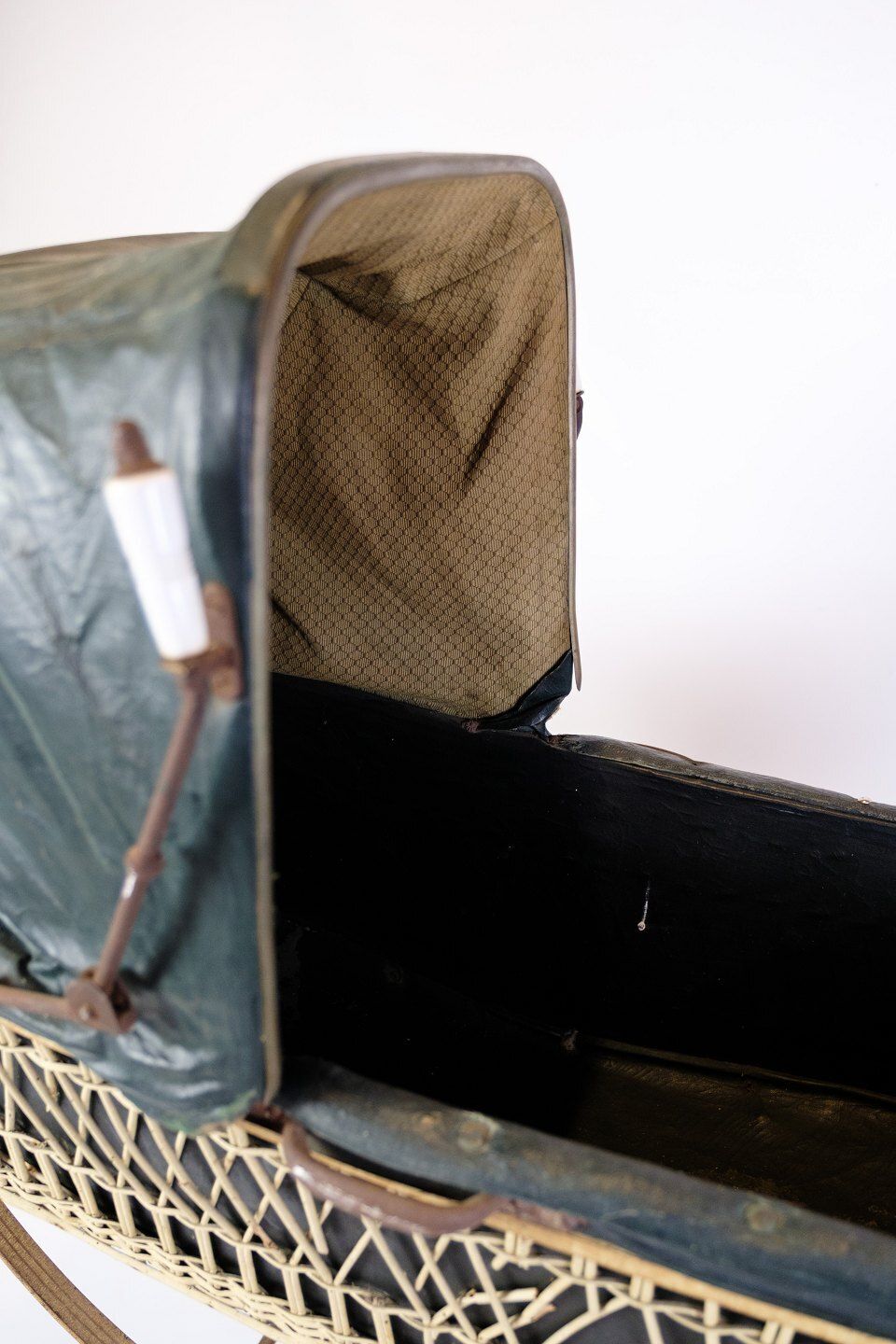 Antique Baby Stroller Wicker Basket & Original Black Canopy In Metal Frame From 1900s photo furniture