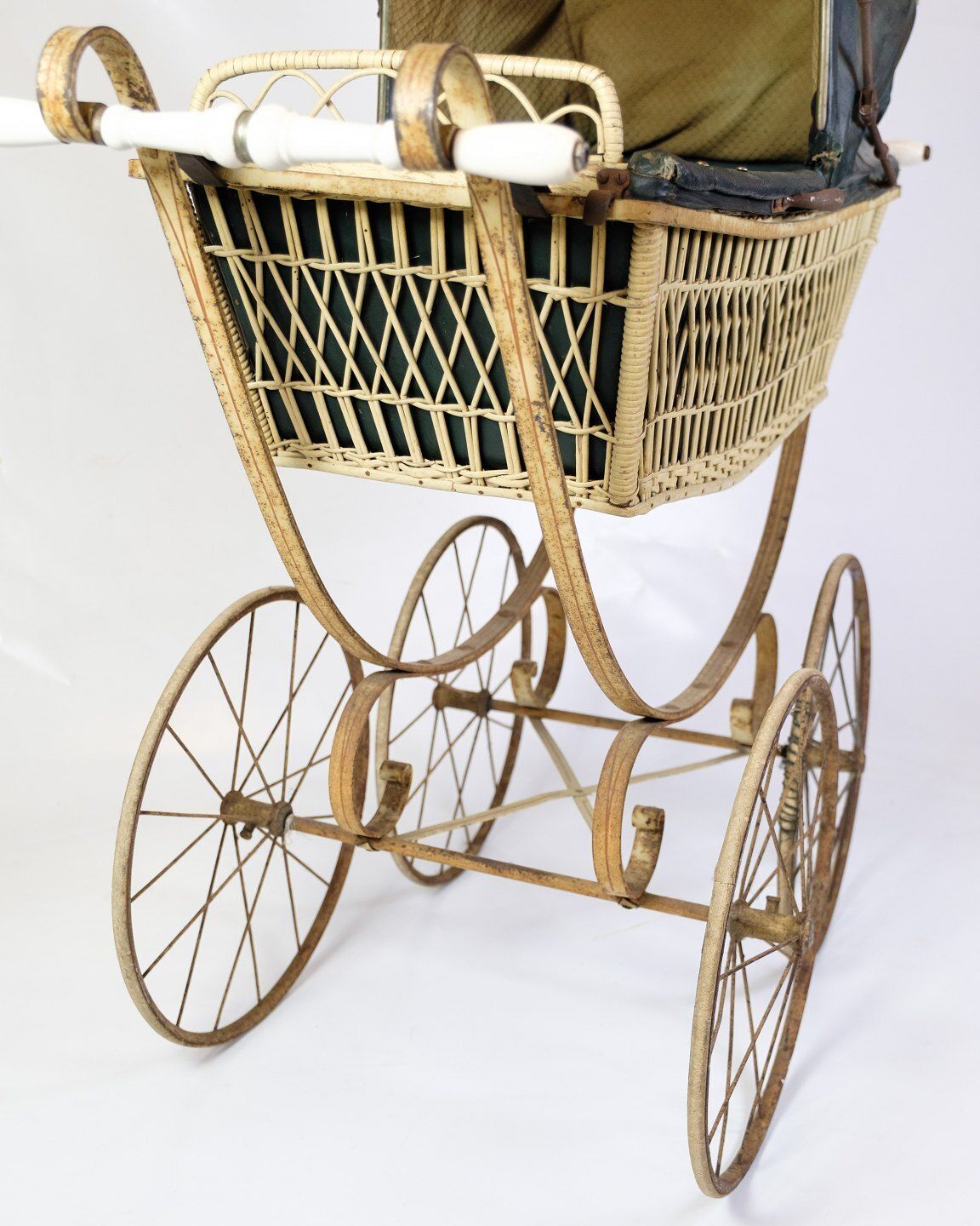 Antique Baby Stroller Wicker Basket & Original Black Canopy In Metal Frame From 1900s photo Home Decor