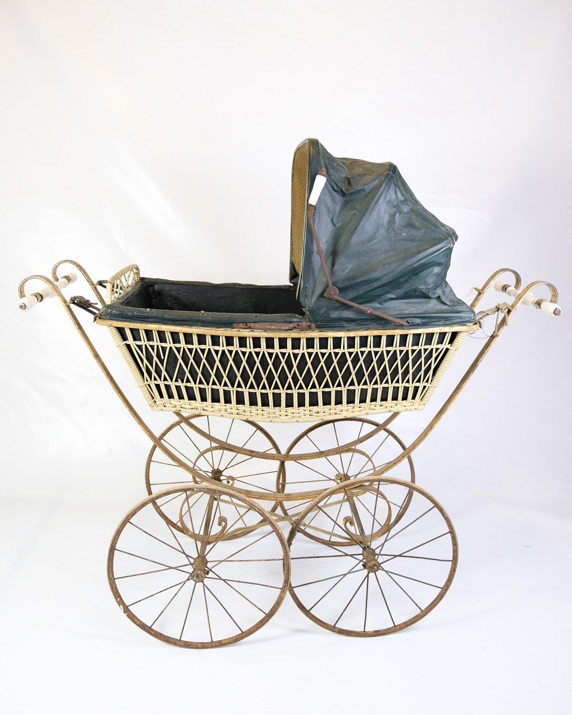 Antique Baby Stroller Wicker Basket & Original Black Canopy In Metal Frame From 1900s photo buy
