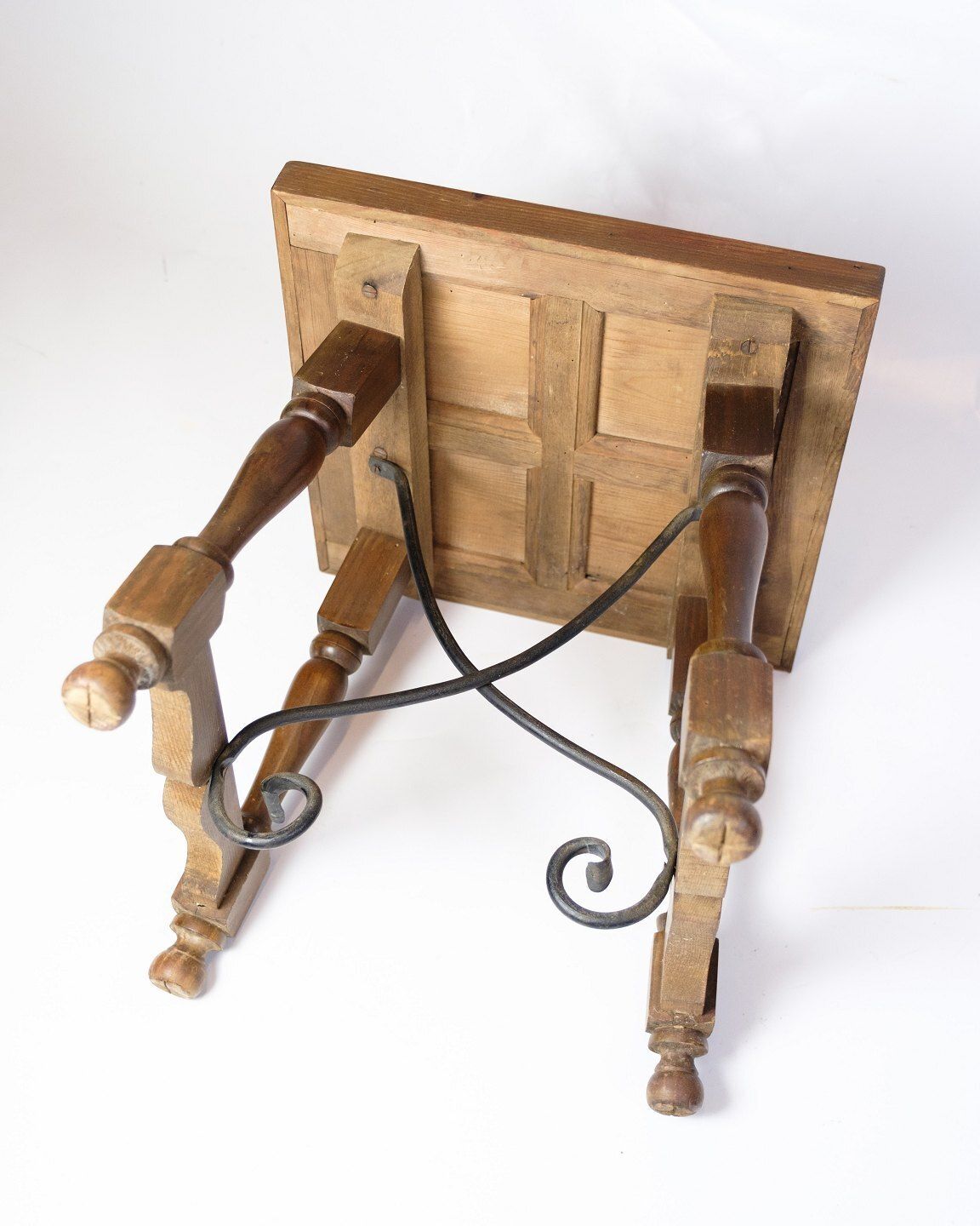 Side Table In Dark Wood & Turned Legs With Metal Struts From 1930s photo 460.0