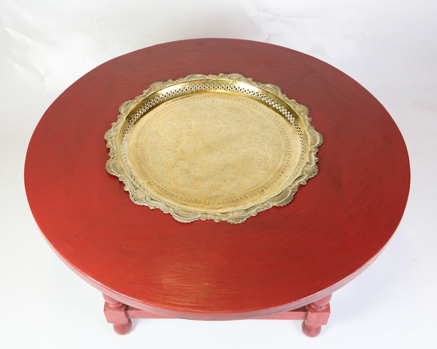 Antique Round Red Painted Coffee Table With Built In Brass Tray   Painted Wood & Brass   Chinese Style   1890s photo furniture
