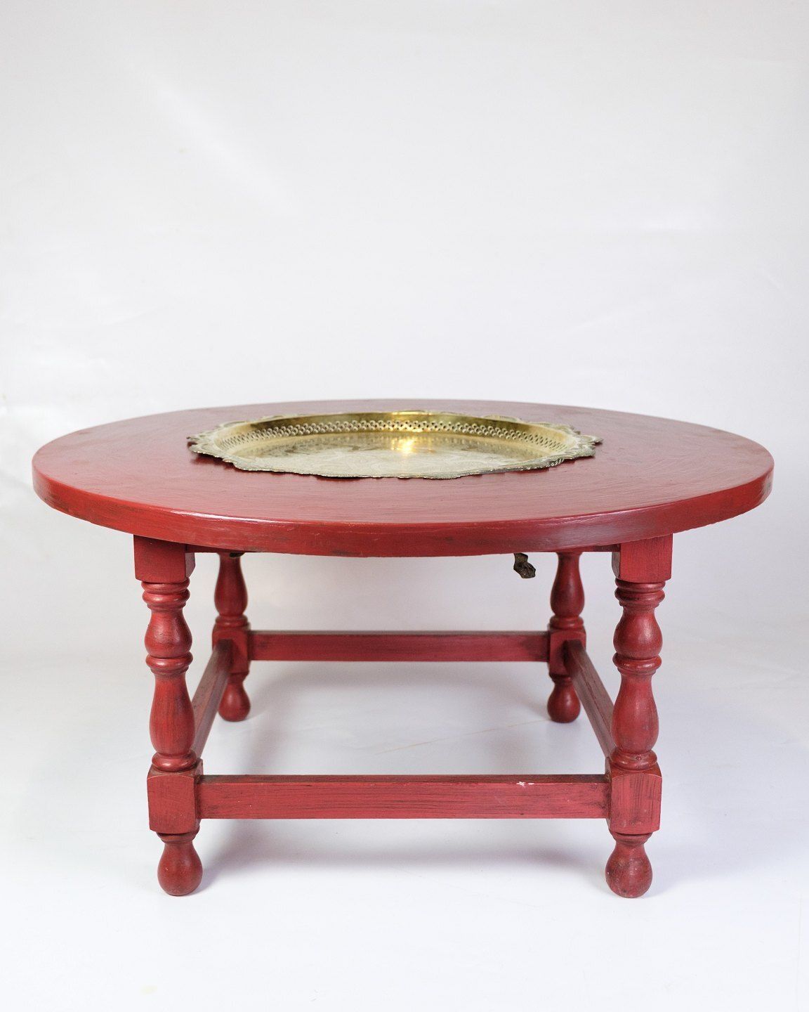 Antique Round Red Painted Coffee Table With Built In Brass Tray   Painted Wood & Brass   Chinese Style   1890s photo Furniture