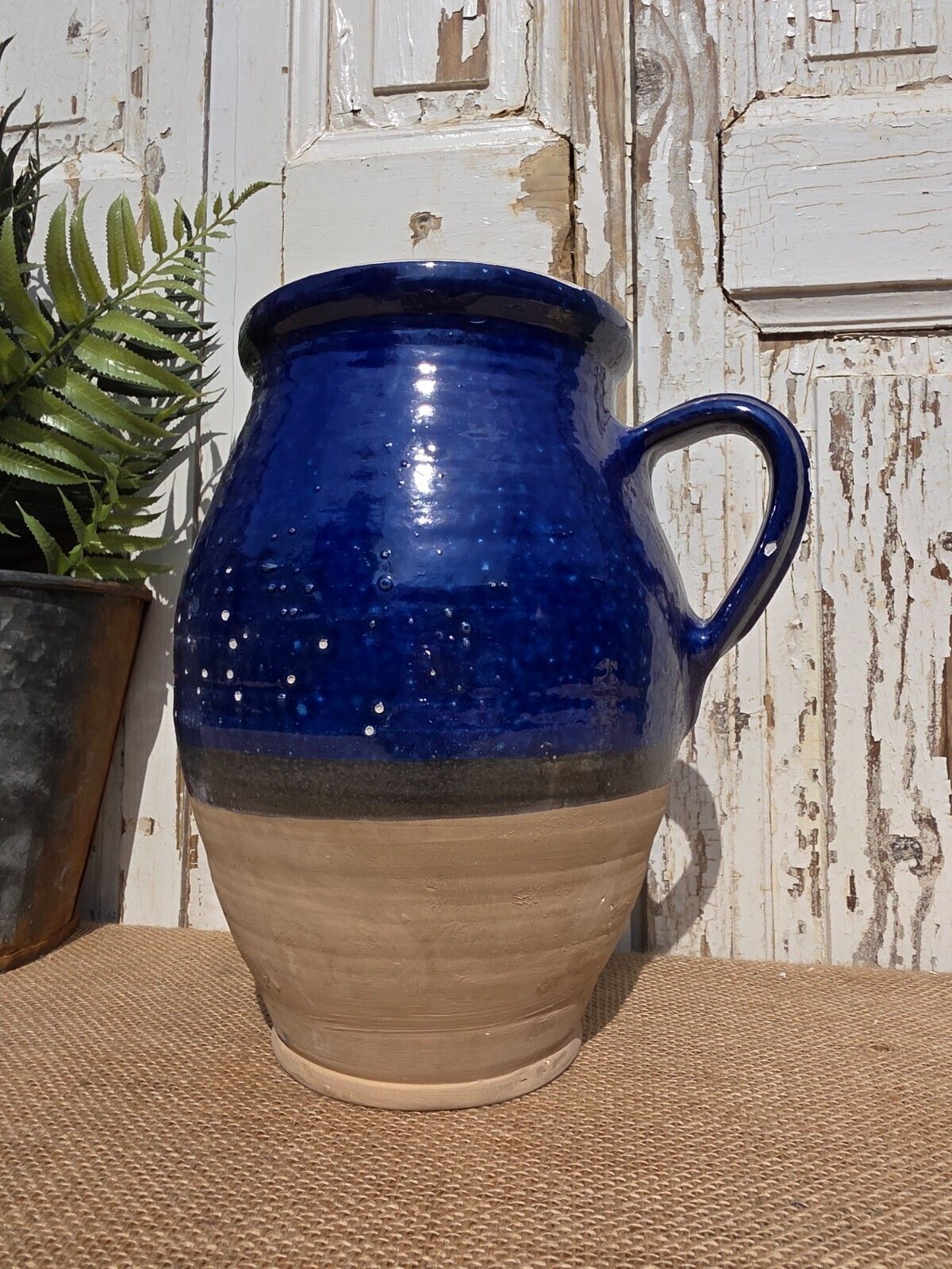 Rustic Hand Made Blue Glazed Clay Terracotta French Style Confit Pot photo furniture