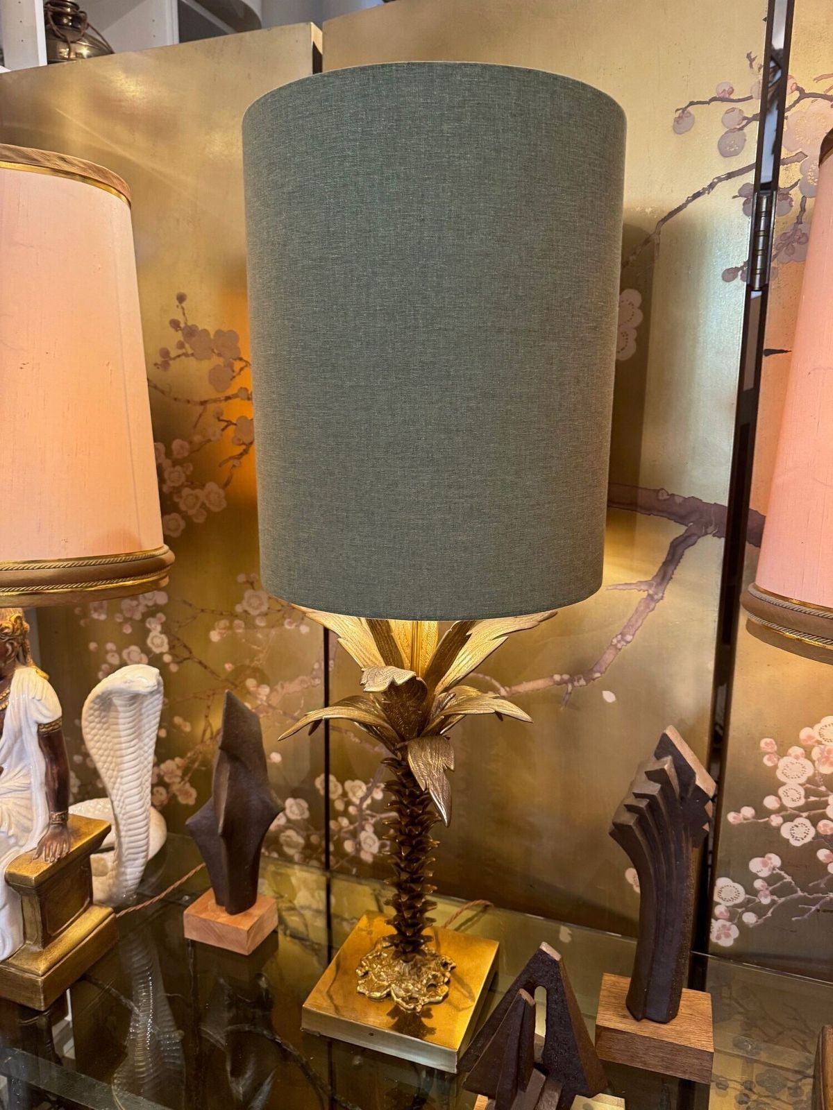 A Lovely Large French 1950s Palm Tree Lamp With Two Fittings And Bespoke Green Linen Shade photo furniture