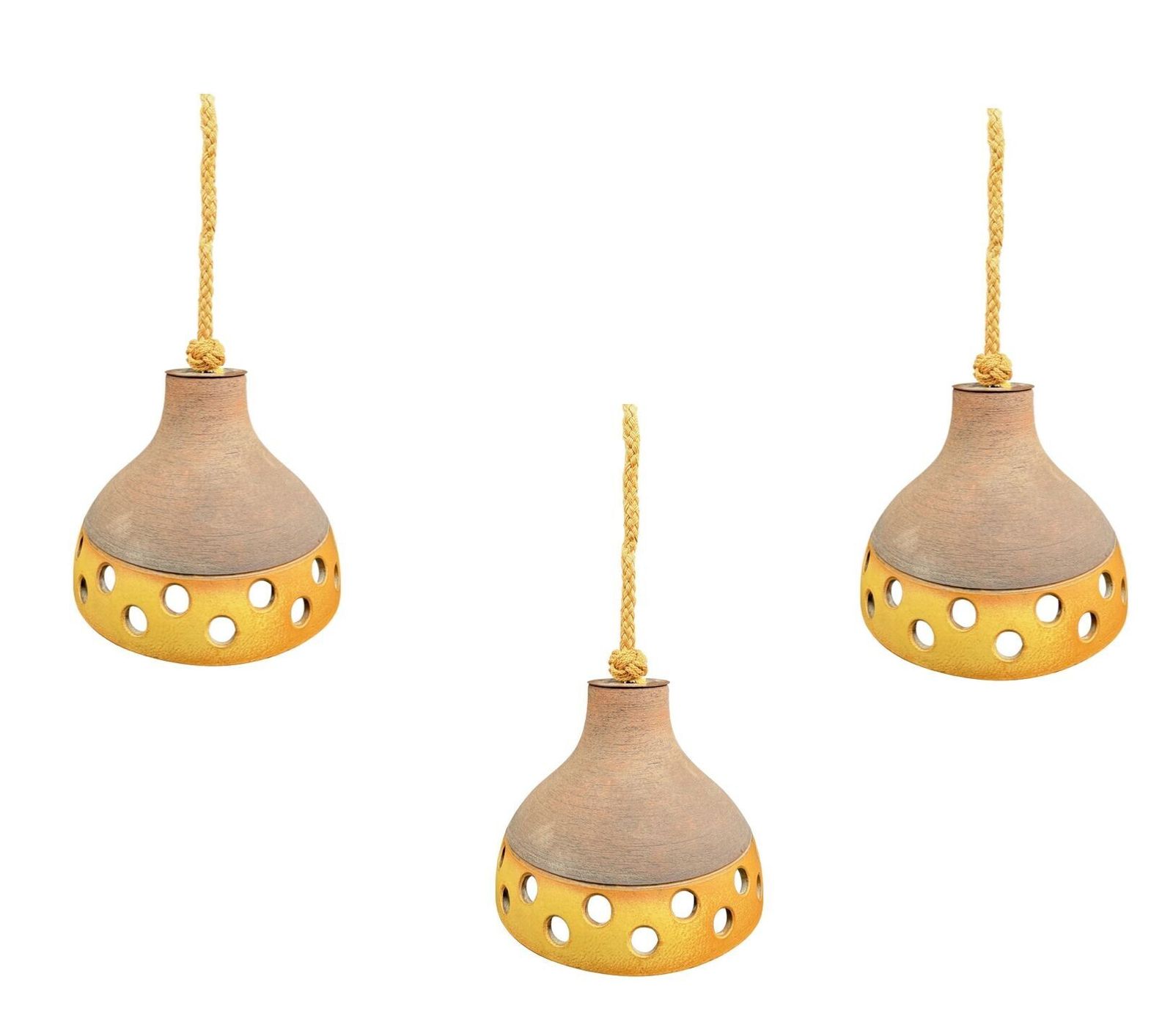 A Set Of Three 1960s French Glazed Ceramic Ceiling Lights Suspended From Thick Knotted Rope photo Lighting
