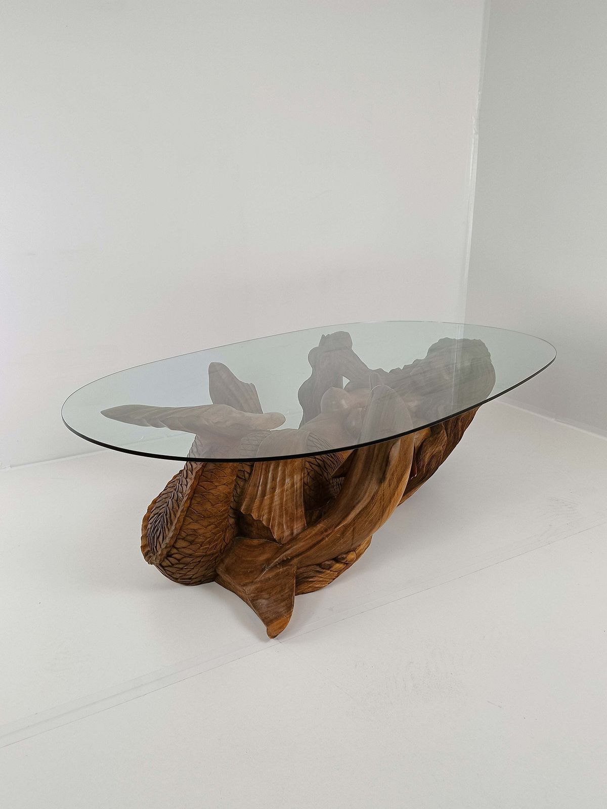 Wooden Mermaid Coffee Table With Glass Top photo vinterior