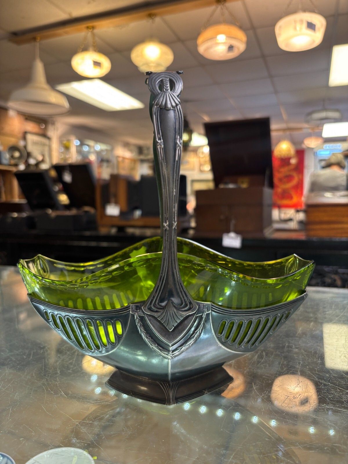Art Nouveau Wmf Silver Plated Basket Centre Piece With Green Glass Liner photo vinterior