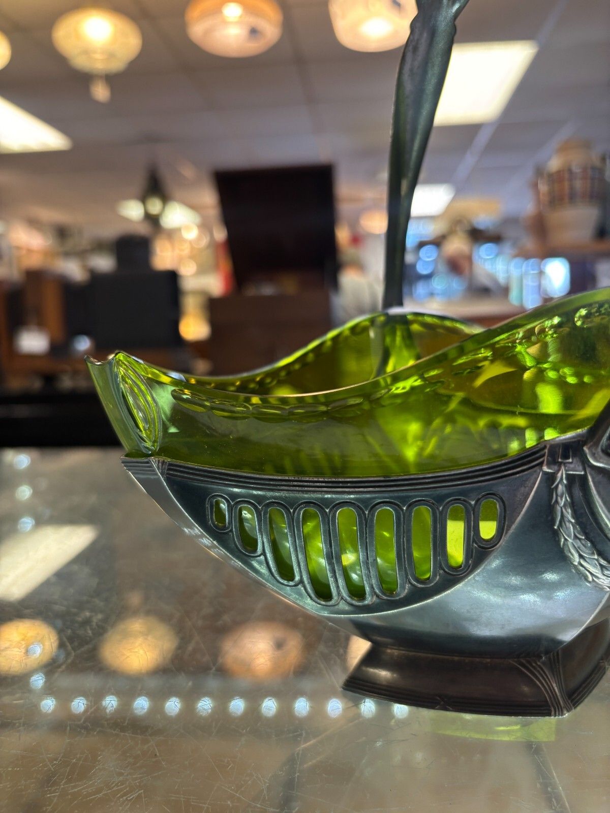 Art Nouveau Wmf Silver Plated Basket Centre Piece With Green Glass Liner photo buy