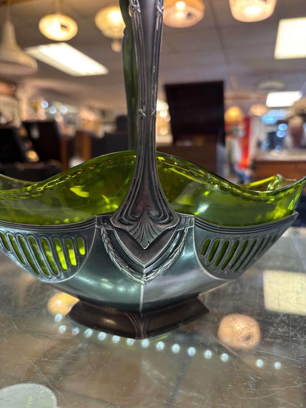 Art Nouveau Wmf Silver Plated Basket Centre Piece With Green Glass Liner photo vintage