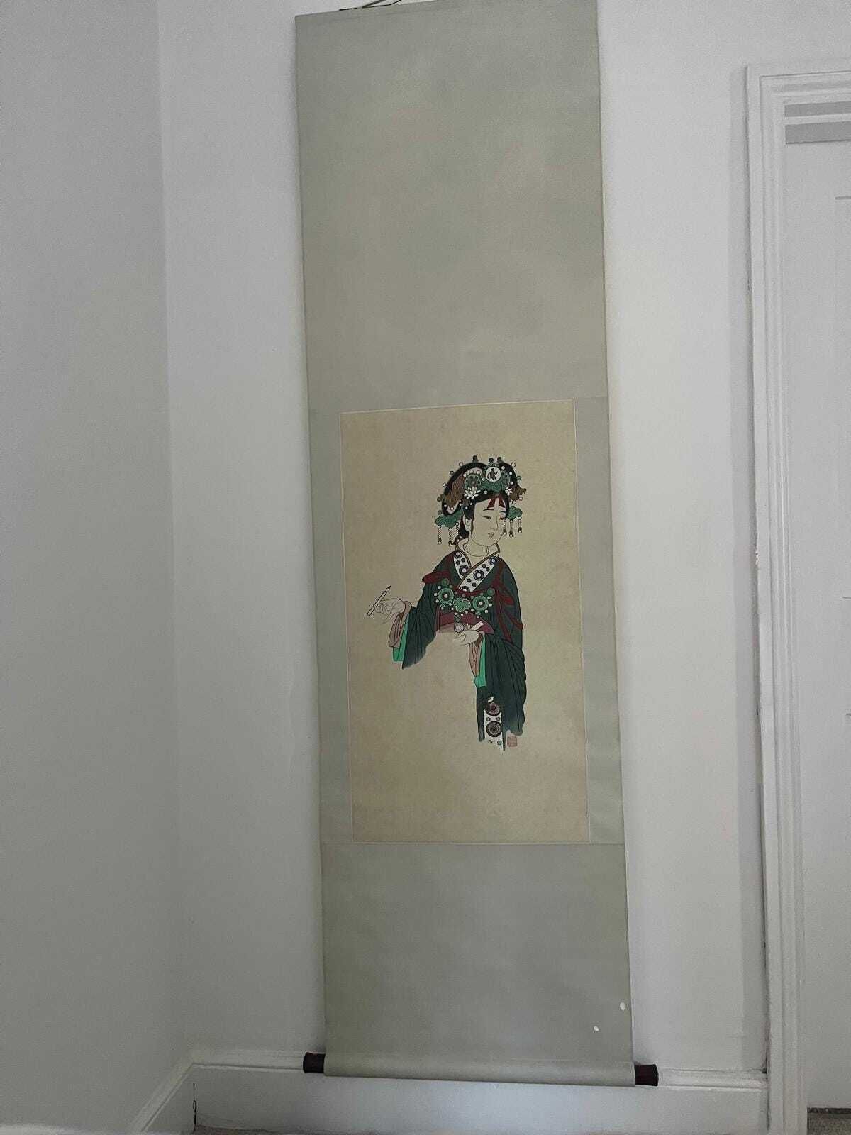Large Silk Scroll Wall Hanging Of A Japanese Woman