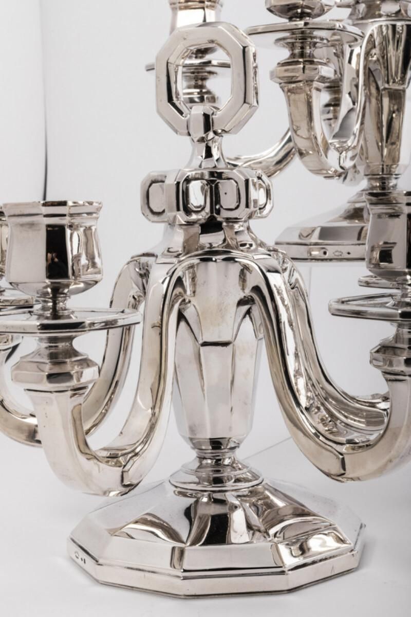 Goldsmith Gustave Keller Pair Of Candelabras In Sterling Silver, Art Deco Period photo vintage
