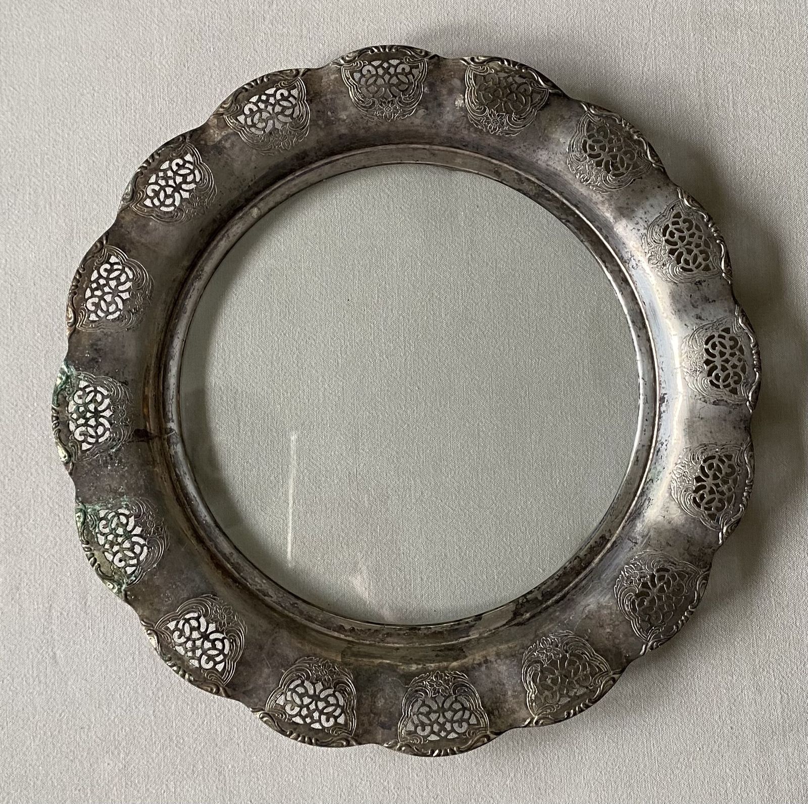 photo furniture Tray Footed Platter With Glass Centre And Silver Plated Rim Diameter 14"