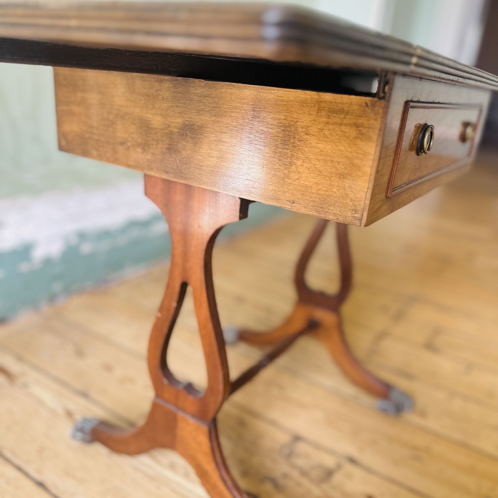 Bevan Funnell Upholstered Extending Burr Yew Wood Side End Lamp Card Table photo Furniture