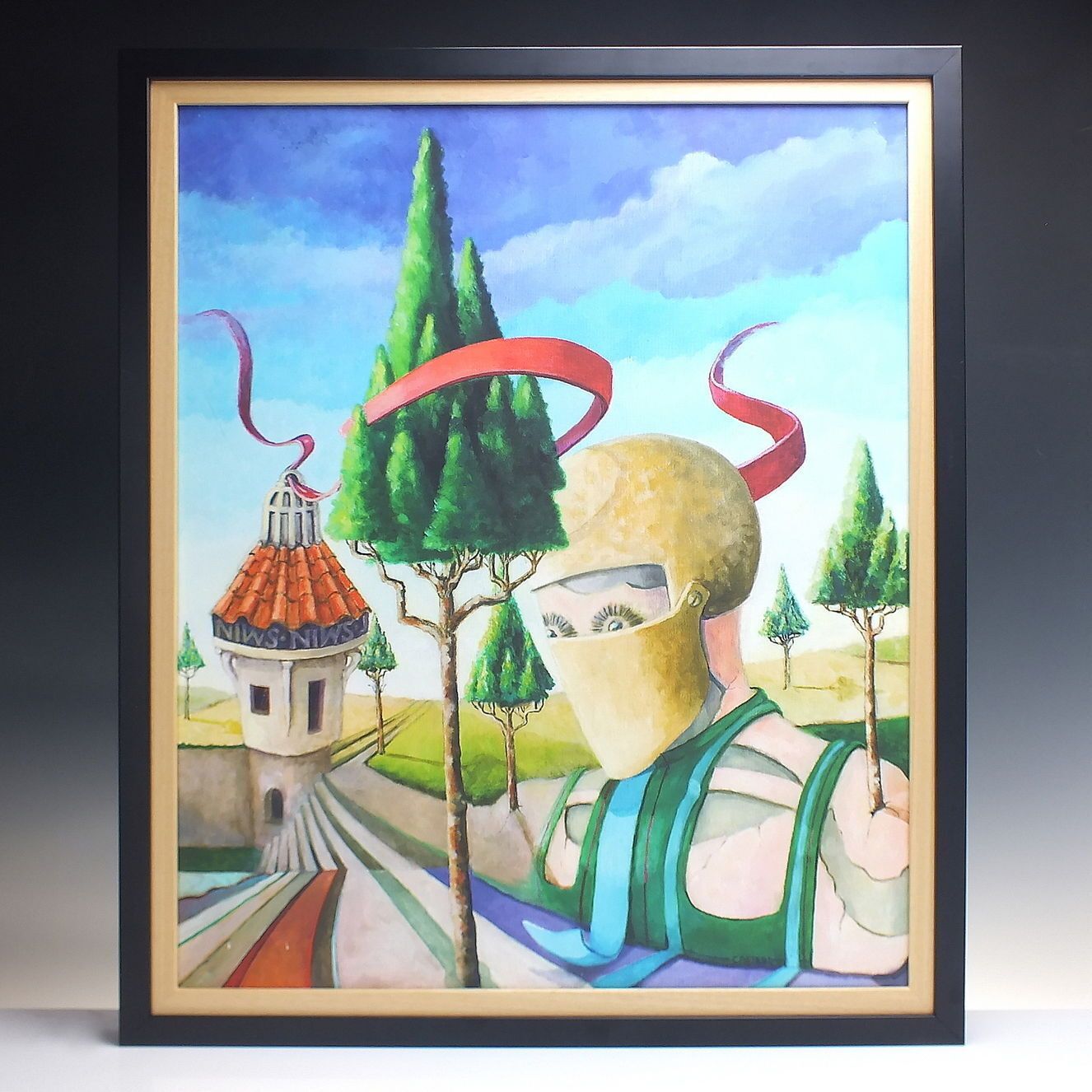 Vintage Original Acrylic Painting On Canvas 'Castle Road, Red Ribbon' By Richard Cafiero C1980