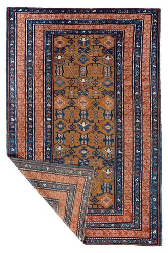 3.7x5.6 Ft Antique Caucasian Seichur Rug With Dark Yellow Ground & Triple Border photo 1148.0