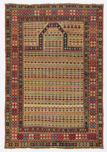 3.5x5 Ft Antique Caucasian Shirvan Prayer Rug, Rare Yellow Ground, Ca 1875