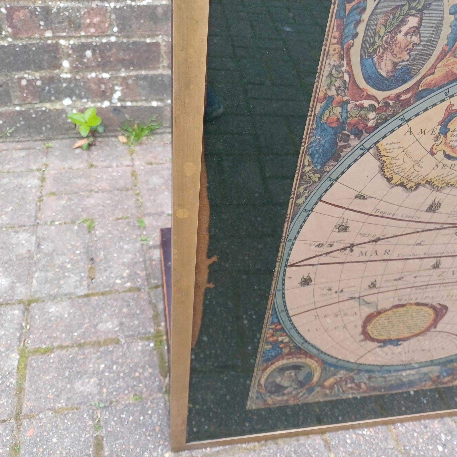 Vintage Retro Explorer’s Coffee Table 17th Century World Map Under Glass With Brass Frame, Teak Legs, Mid Century Style photo furniture