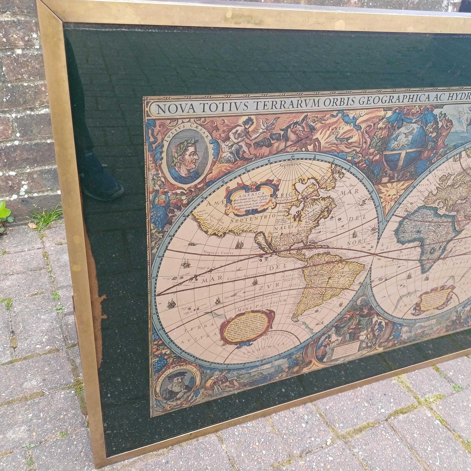 Vintage Retro Explorer’s Coffee Table 17th Century World Map Under Glass With Brass Frame, Teak Legs, Mid Century Style photo for sale