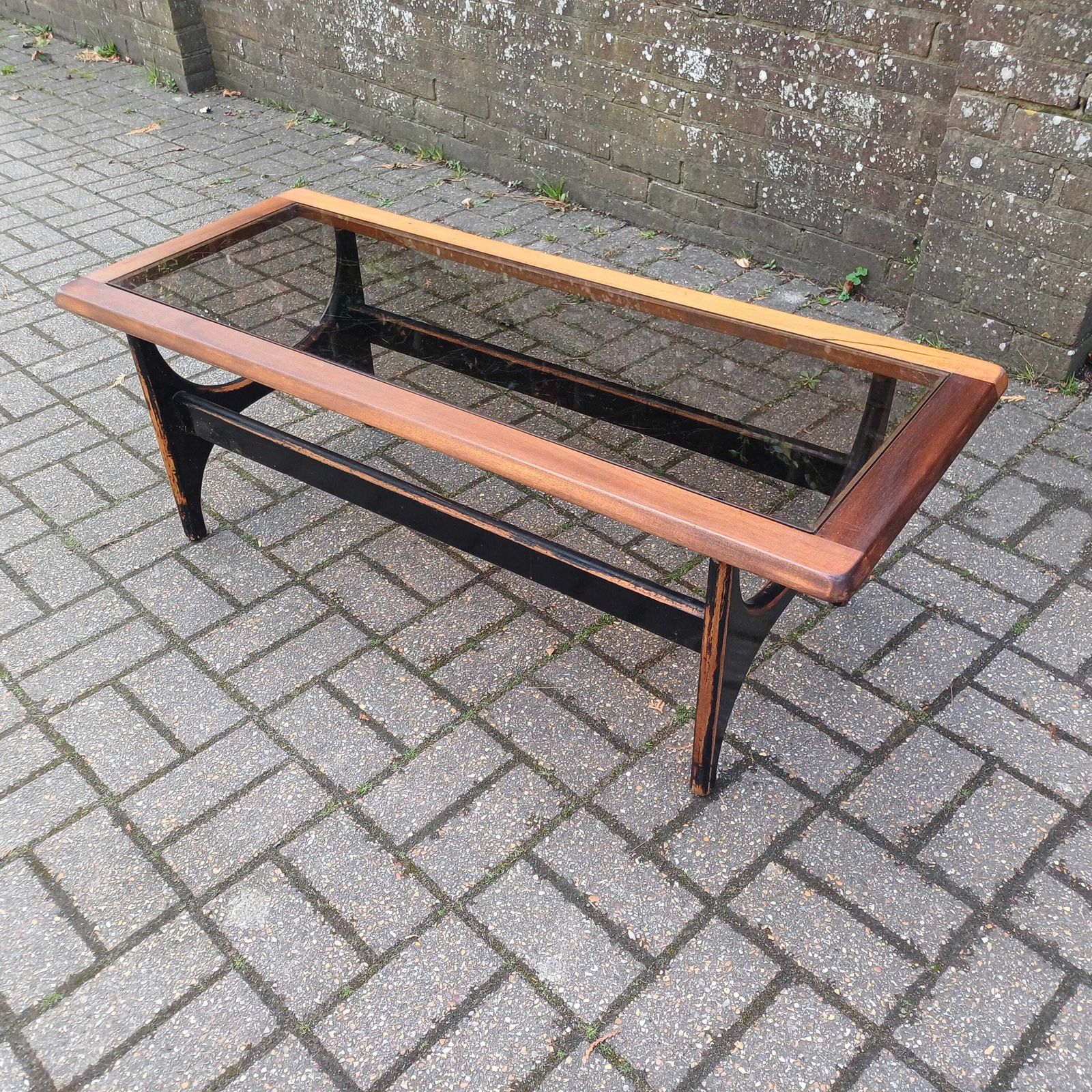 Unique 1970s Danish Style Coffee Table Smoked Glass Top, Black Painted Base, Distressed Upcycled Finish photo furniture
