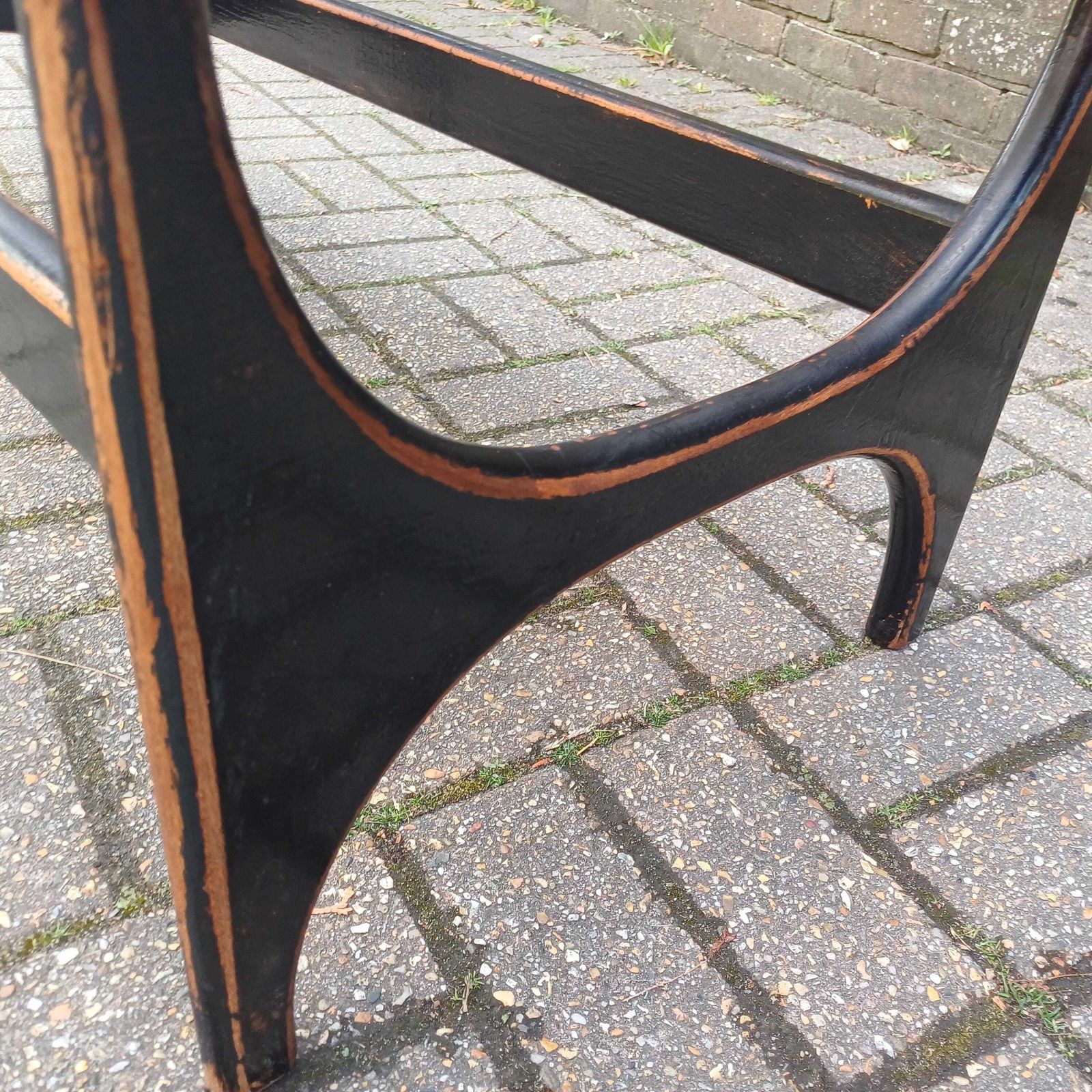 Unique 1970s Danish Style Coffee Table Smoked Glass Top, Black Painted Base, Distressed Upcycled Finish photo Furniture