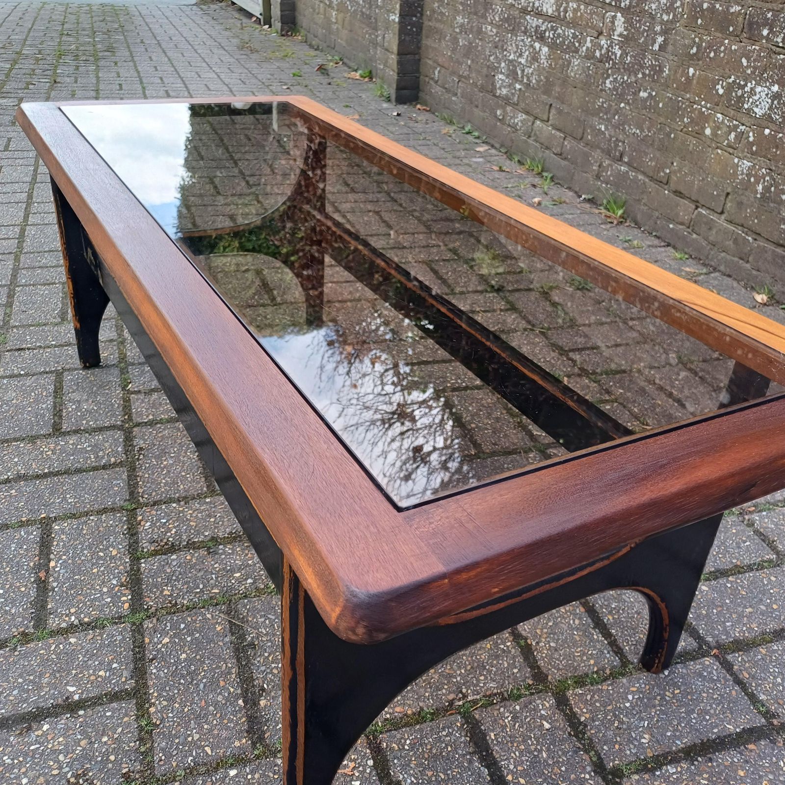 Unique 1970s Danish Style Coffee Table Smoked Glass Top, Black Painted Base, Distressed Upcycled Finish photo 395.0