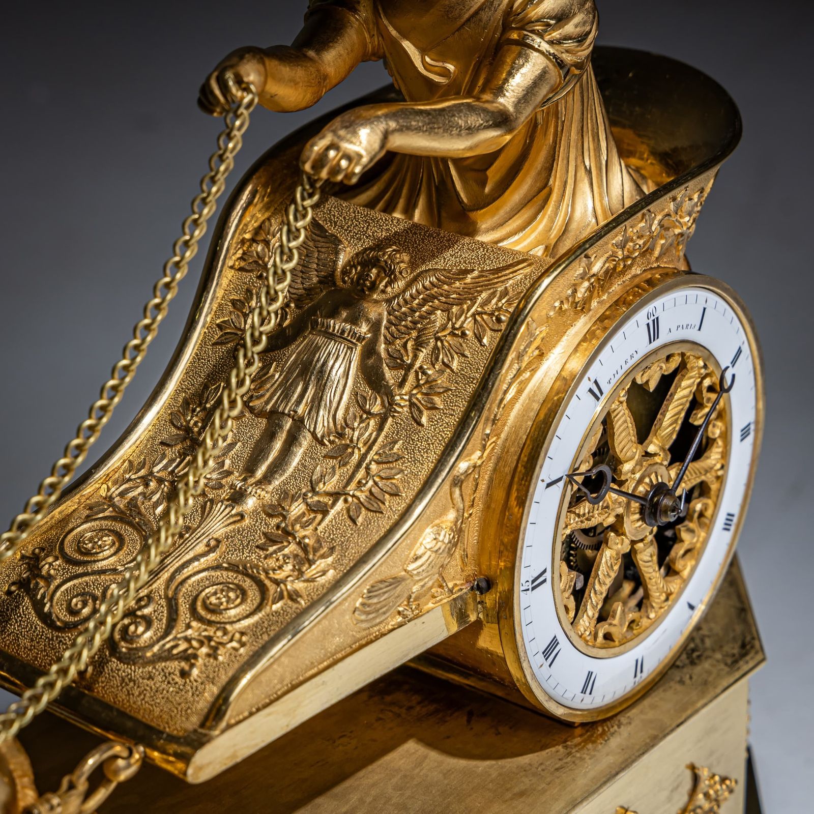 Empire Mantel Clock With Putto In Chariot, Signed Thiery à Paris, Early 19th Century photo for sale