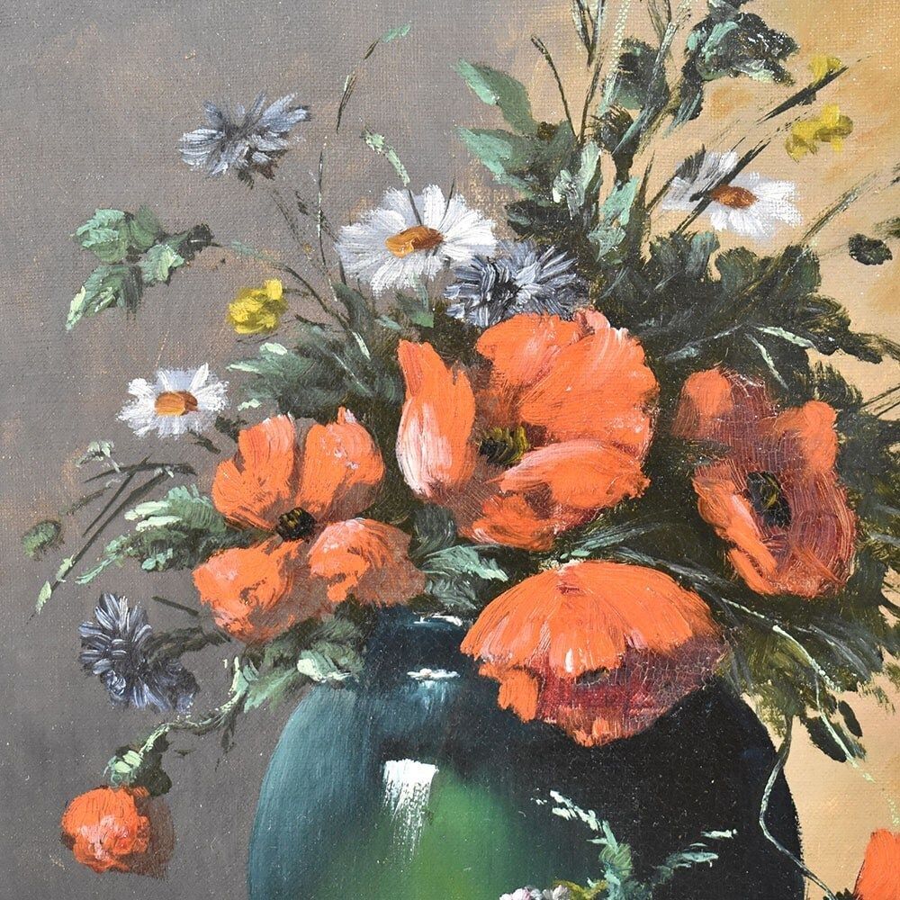 Antique Painting With Flowers, Poppies, Still Life Oil Painting, XIX Century. (Qf472) photo for sale