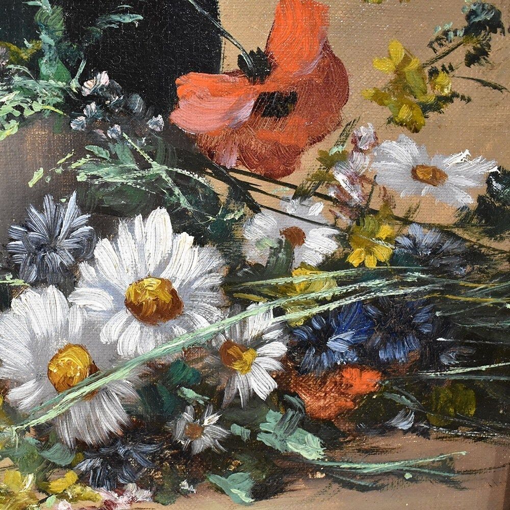 Antique Painting With Flowers, Poppies, Still Life Oil Painting, XIX Century. (Qf472) photo vinterior