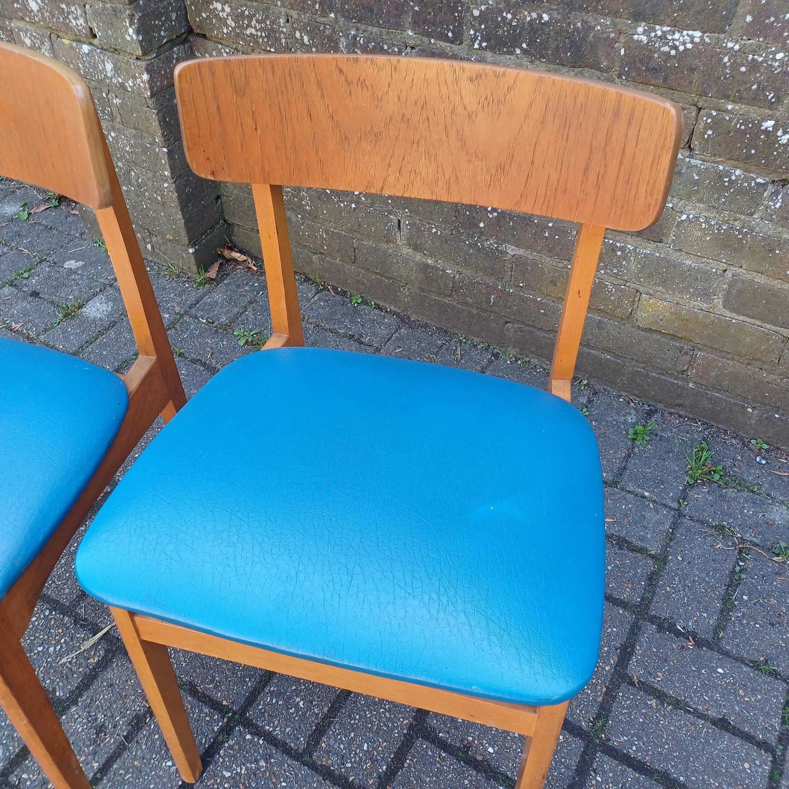 Pair Of Mid Century Modern Retro Dining Chairs Solid Wood Frames With Blue Vinyl Seats photo furniture