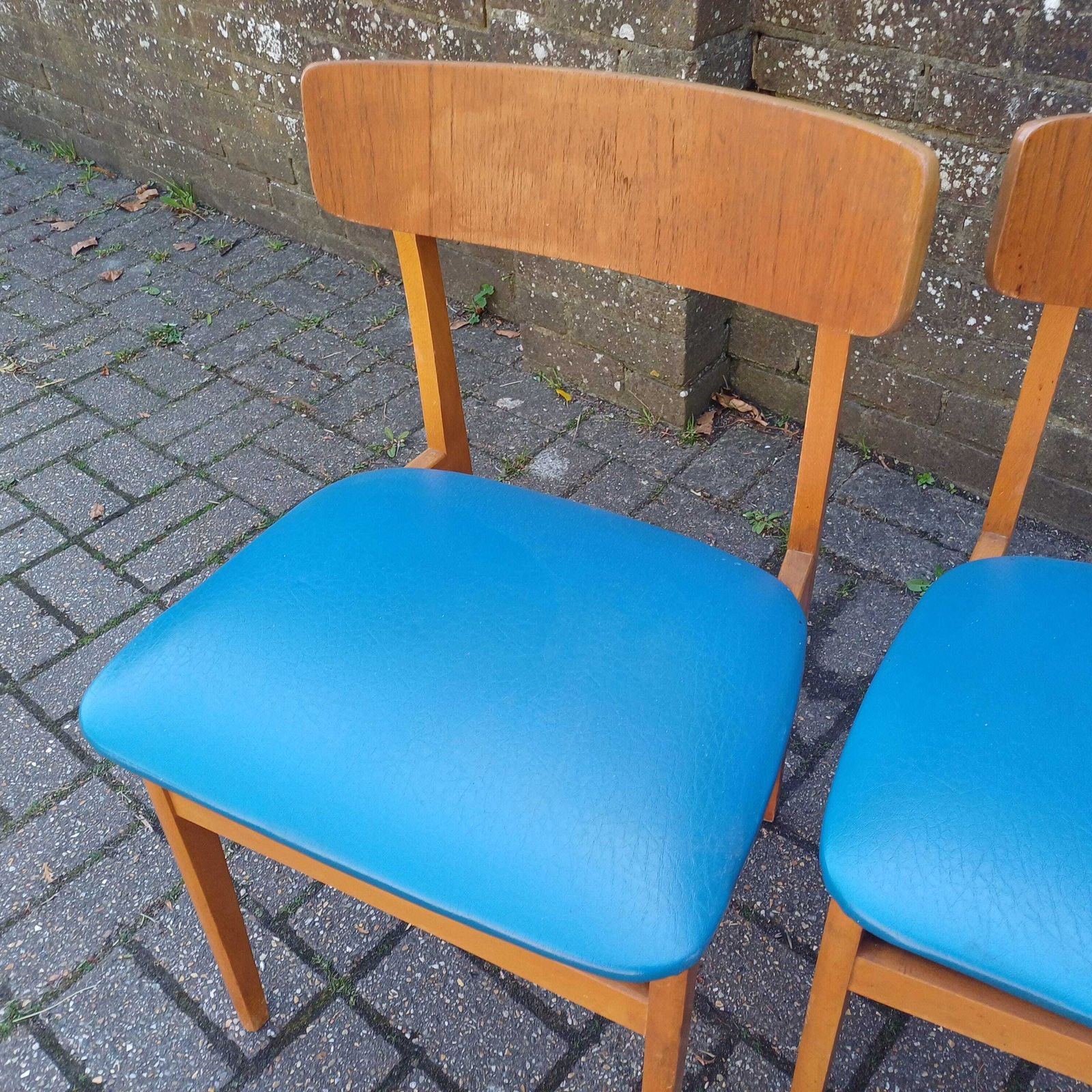 Pair Of Mid Century Modern Retro Dining Chairs Solid Wood Frames With Blue Vinyl Seats photo for sale