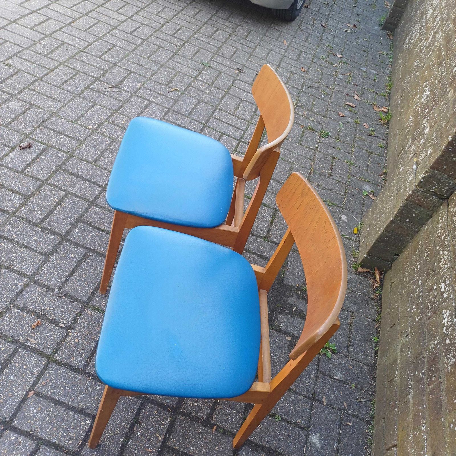 Pair Of Mid Century Modern Retro Dining Chairs Solid Wood Frames With Blue Vinyl Seats photo 225.0