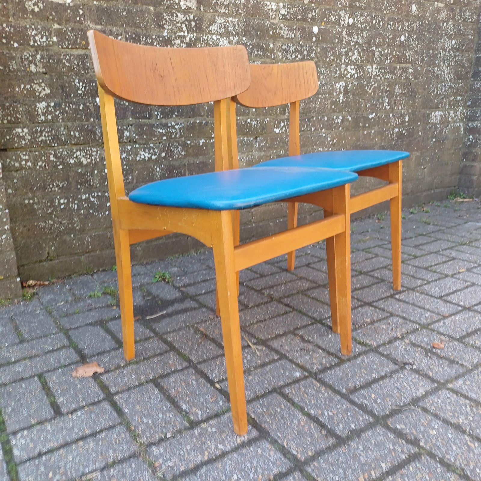 Pair Of Mid Century Modern Retro Dining Chairs Solid Wood Frames With Blue Vinyl Seats photo buy