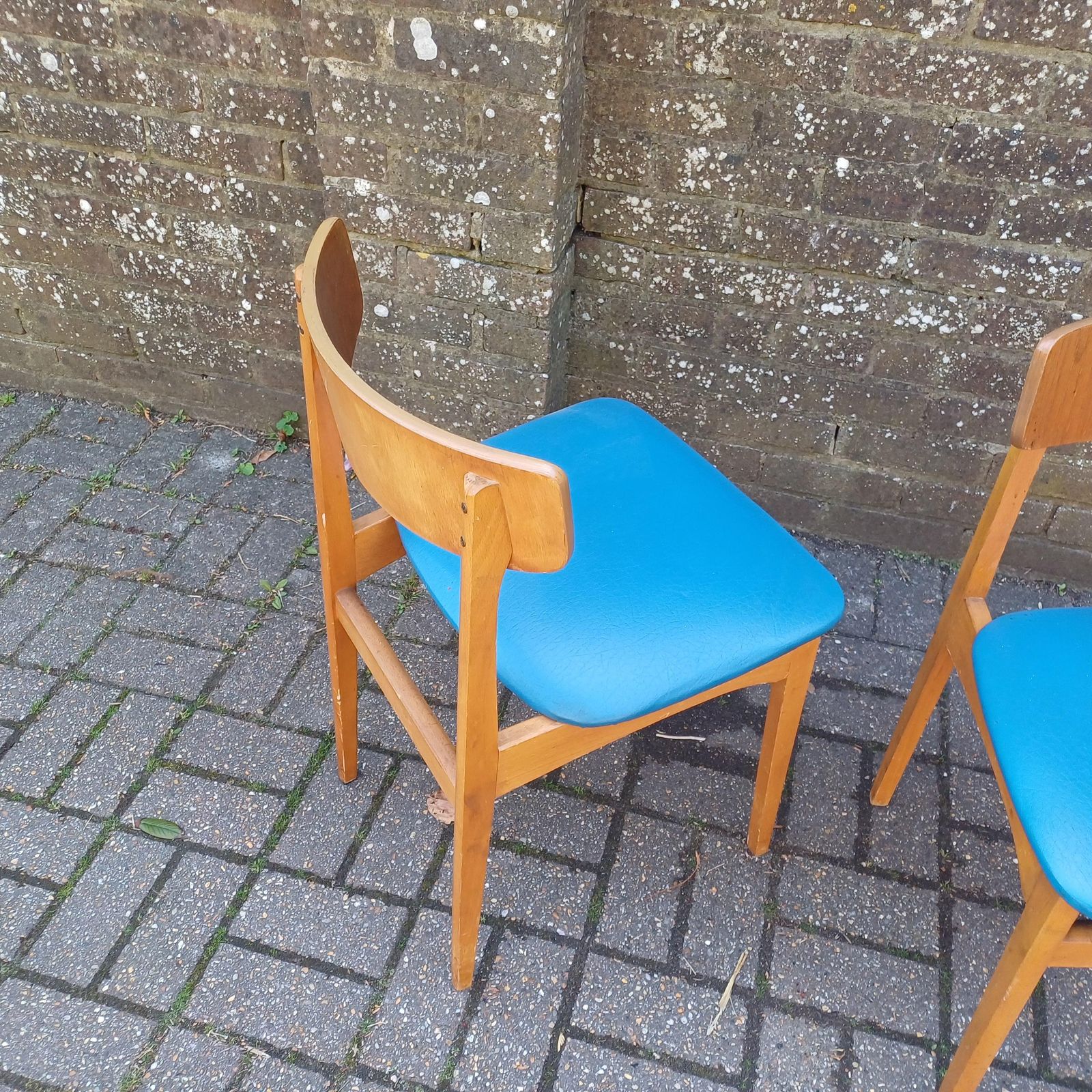 Pair Of Mid Century Modern Retro Dining Chairs Solid Wood Frames With Blue Vinyl Seats photo vintage