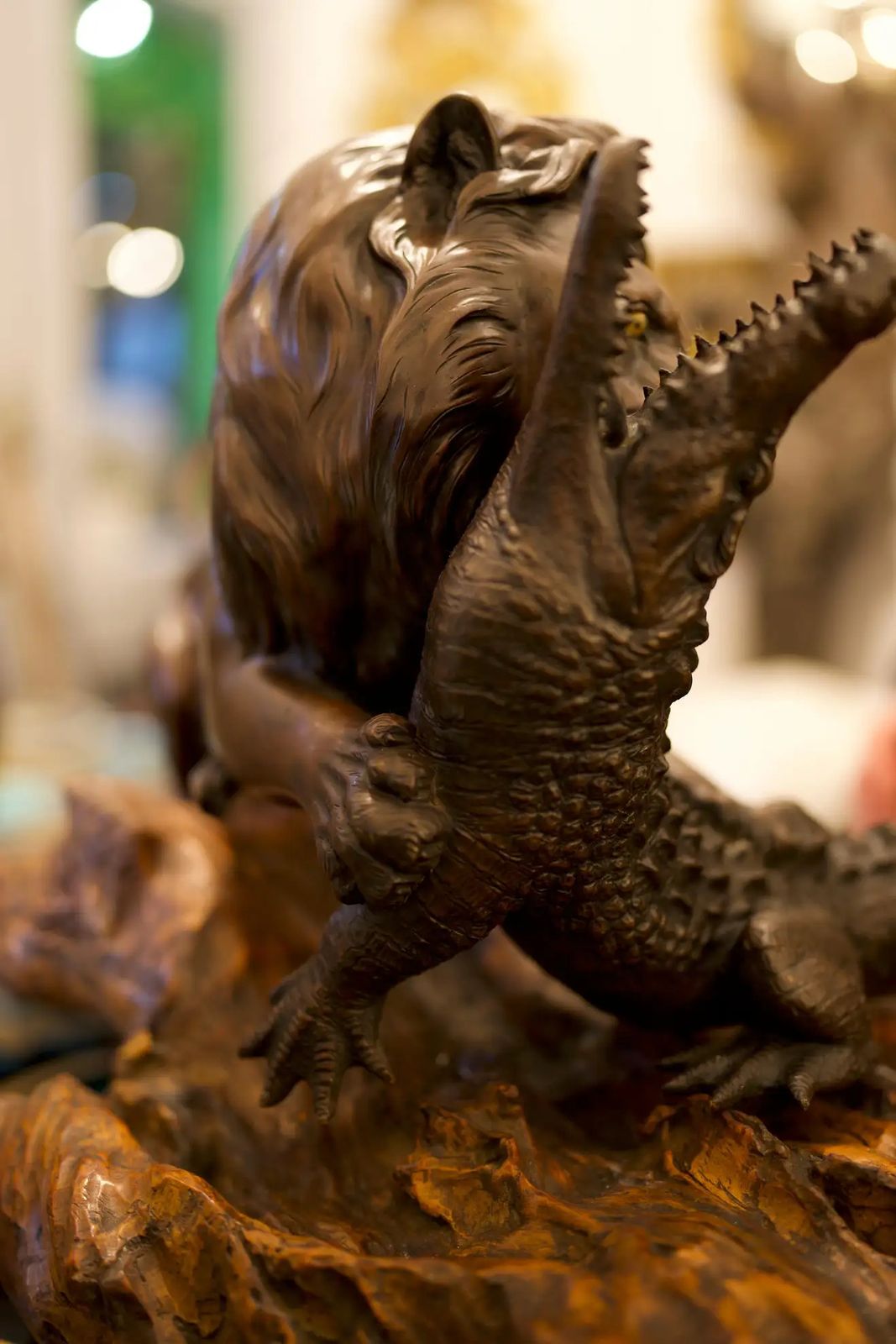 19th Century Bronze Lion And Crocodile On Hardwood Base photo 6500.0