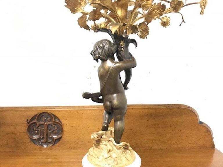 Pair Of French 19 Century Cast Bronze Putti 'Cherub' Candelabras photo vintage