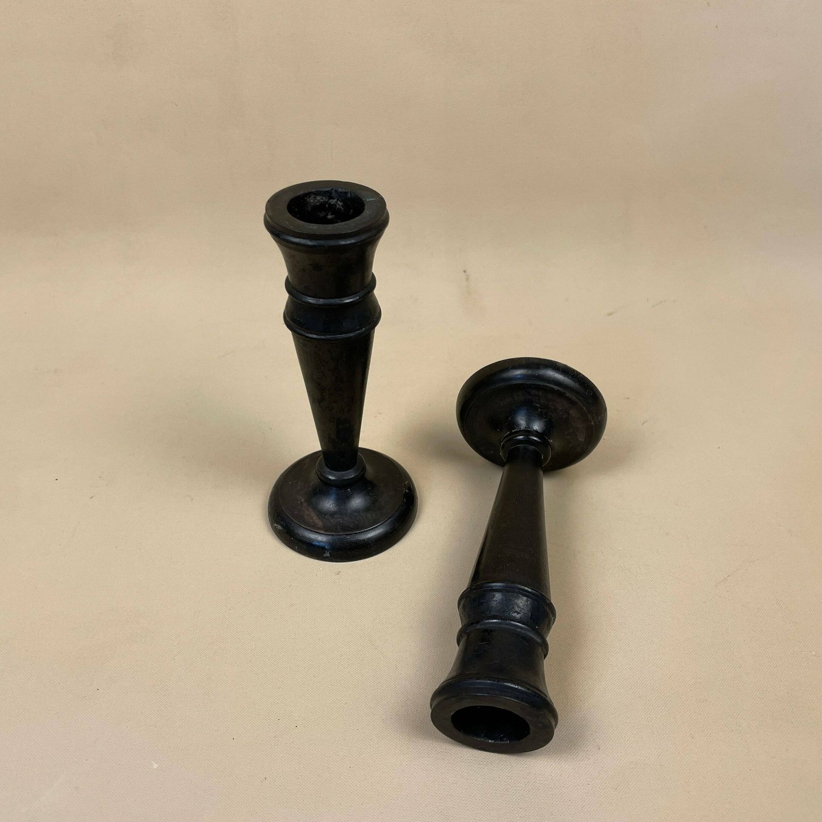 Antique Vintage Matching Pair Wooden Candlestick Candle Stick Vintage Dinner Candlesticks Wood Handmade Cottage Farmhouse Simple Black photo 55.0