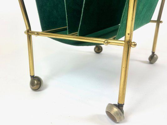 Home Decor Mid Century Brass And Leather Trolley Magazine Rack, 1950s photo
