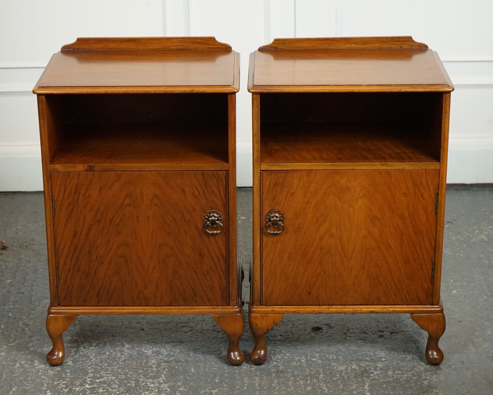 Pair Art Walnut Deco Bedside Nightstands With Cupboard Queen Anne Legs J1 photo for sale