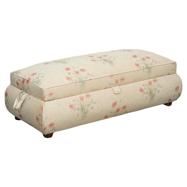 Large Antique Victorian Poppy Flower Pattern Fabric Ottoman Chest Trunk  J1