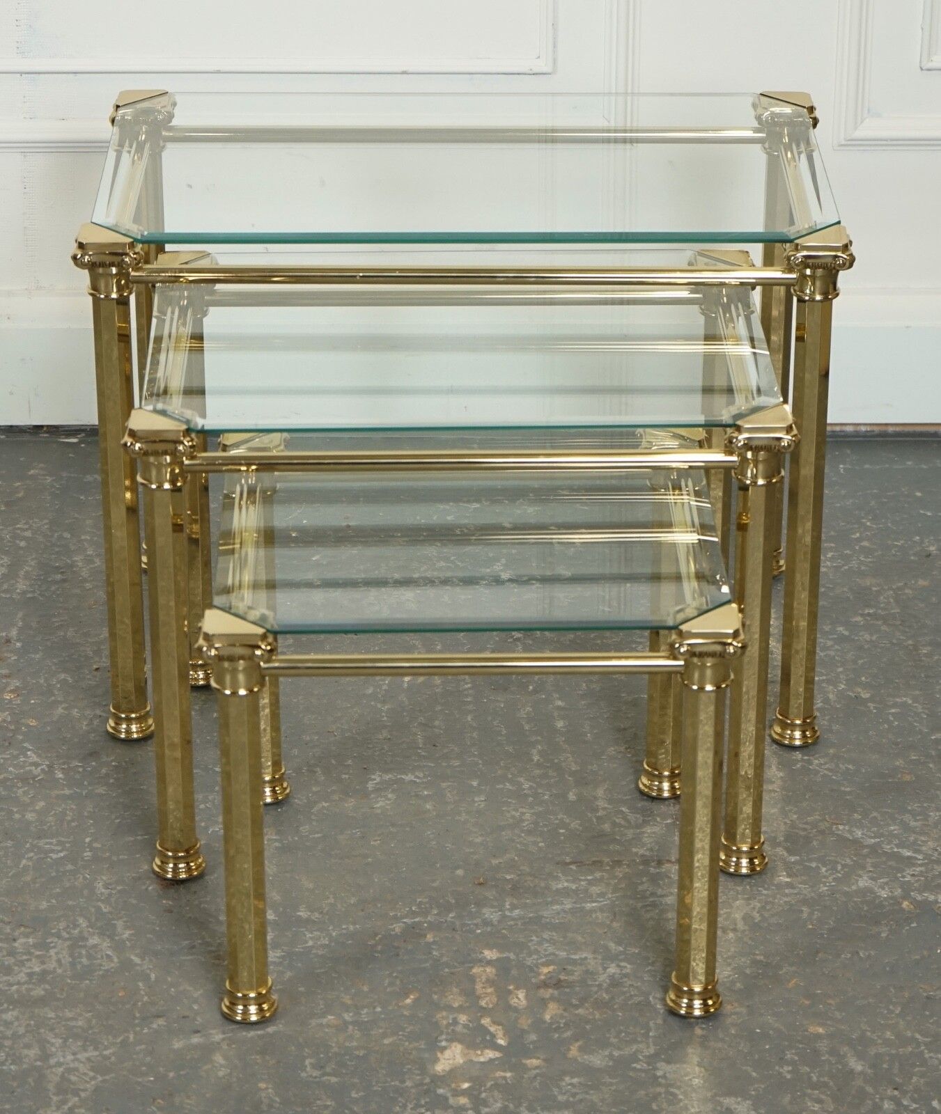 Set Of 1970's Hollywood Regency Golden Brass Glass Nest Of Tables Side Table  J1 photo for sale