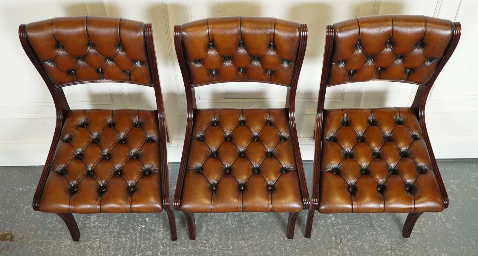 Set Of 6 Restored Chesterfield Leather Dining Chairs J1 photo vinterior