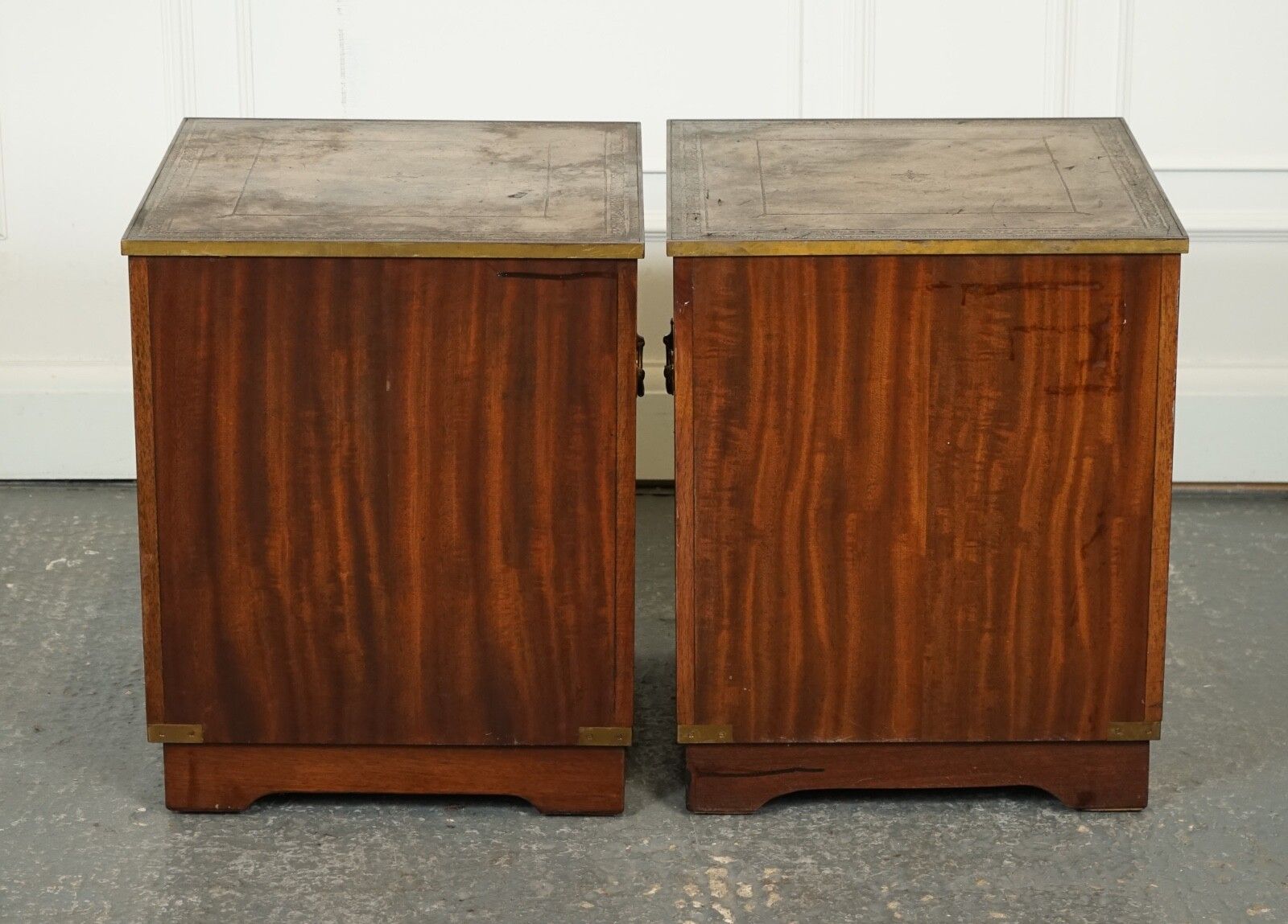Vintage Pair Of Military Campaign Bedside Tables Nightstands Brown Leather Topj1 photo vinterior