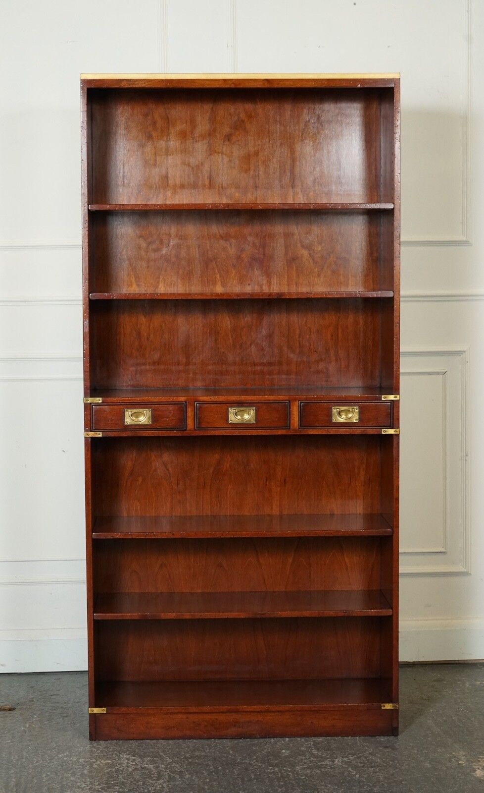 Harrods London Kennedy Three Drawers Burr Yew Wood & Brass Military Bookcase photo vinterior