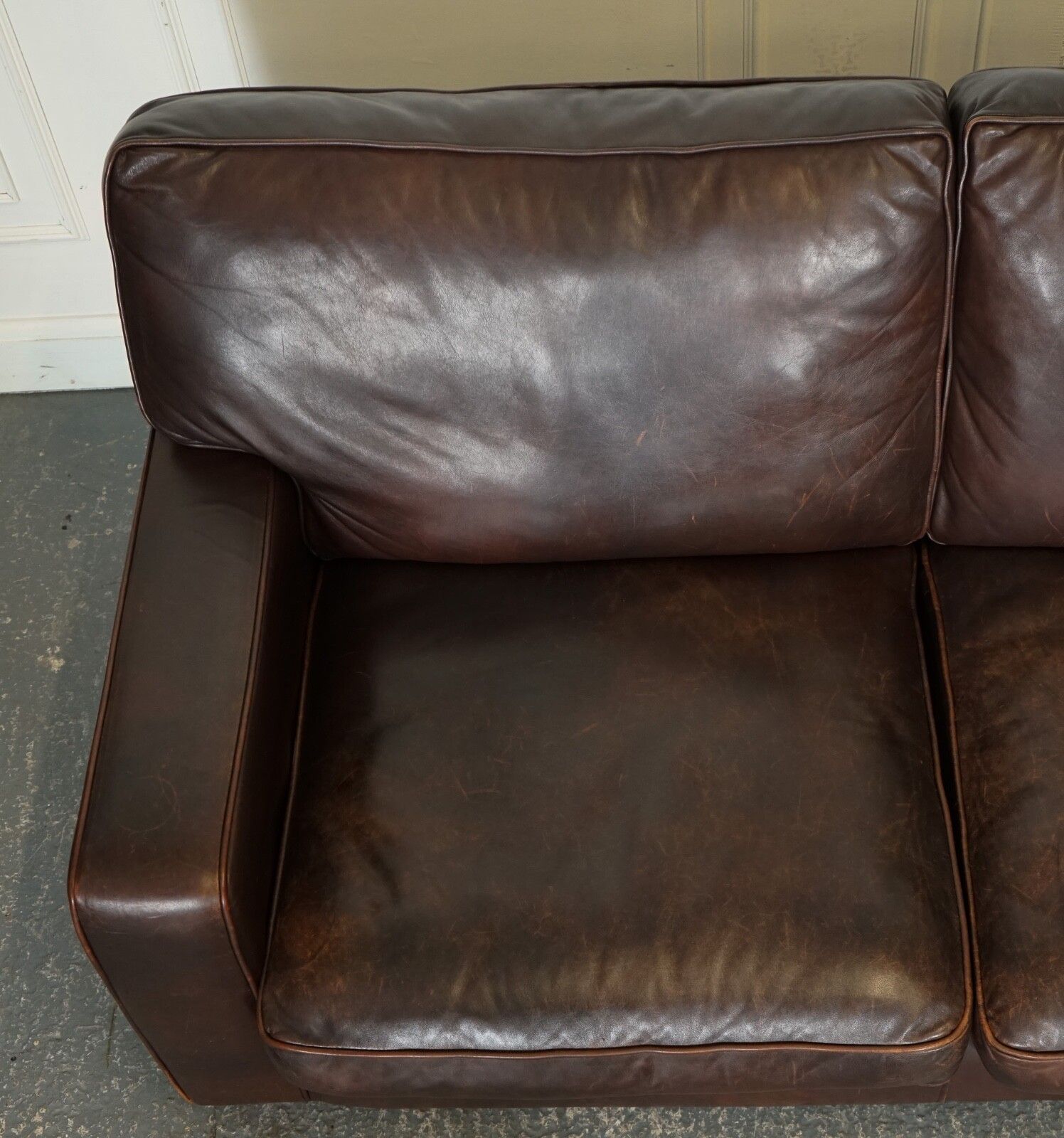 photo for sale Vintage Distressed Brown Leather Two To Three Seater Sofa