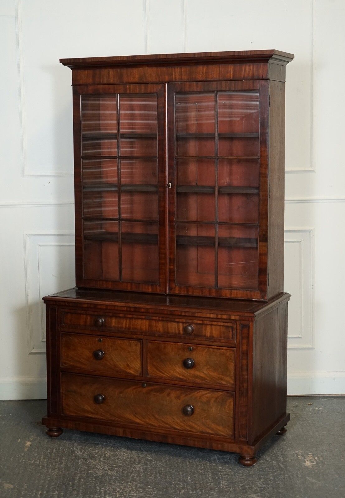 Antique Dresser Bookcase Display Cabinet On Chest Of Drawers Black Leather Top photo for sale