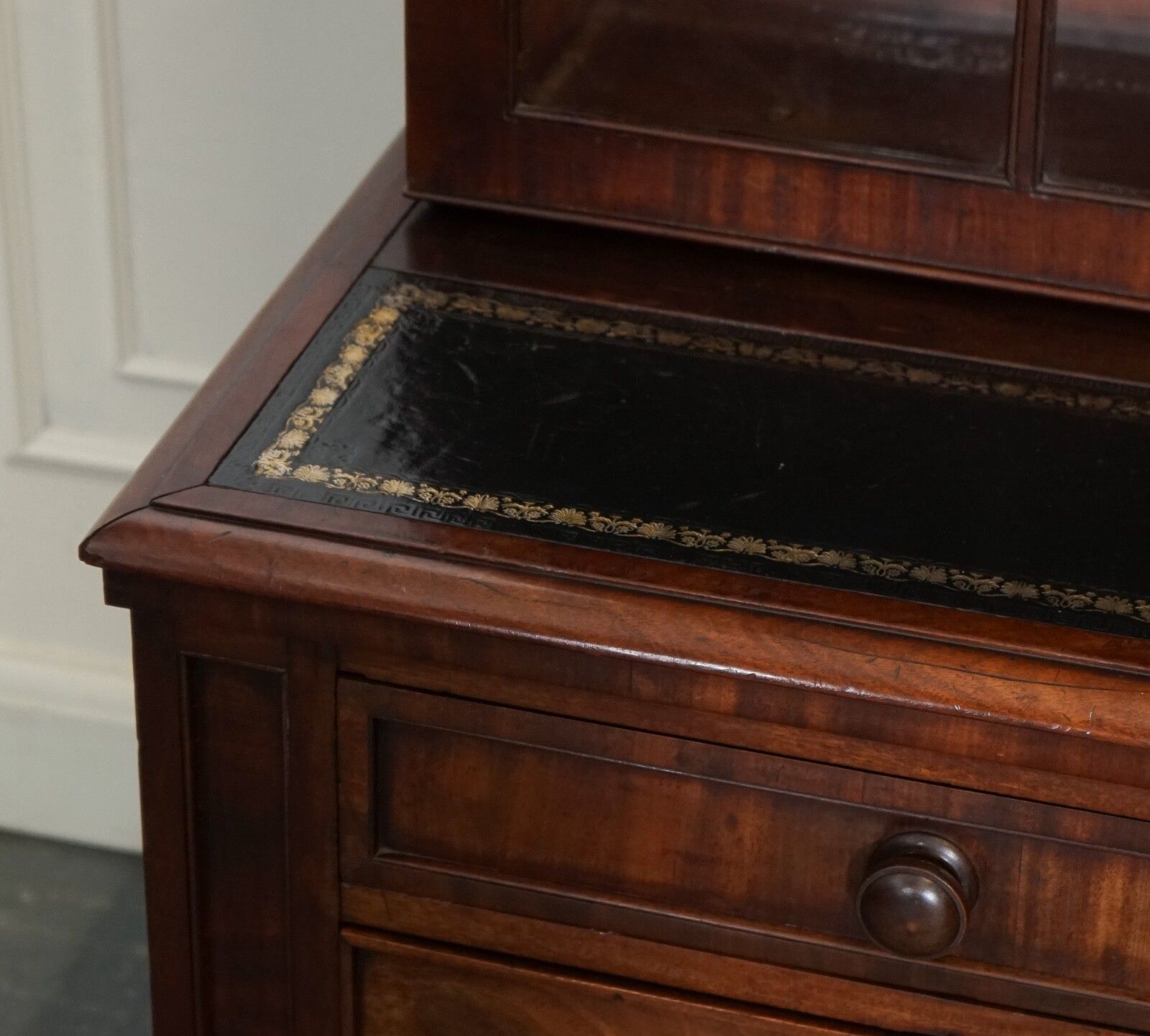 Antique Dresser Bookcase Display Cabinet On Chest Of Drawers Black Leather Top photo vinterior