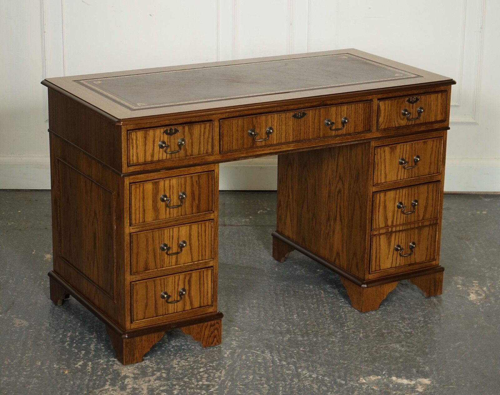 Vintage Oak Office Pedestal Desk Brown Leather Top Part Of Suite photo furniture