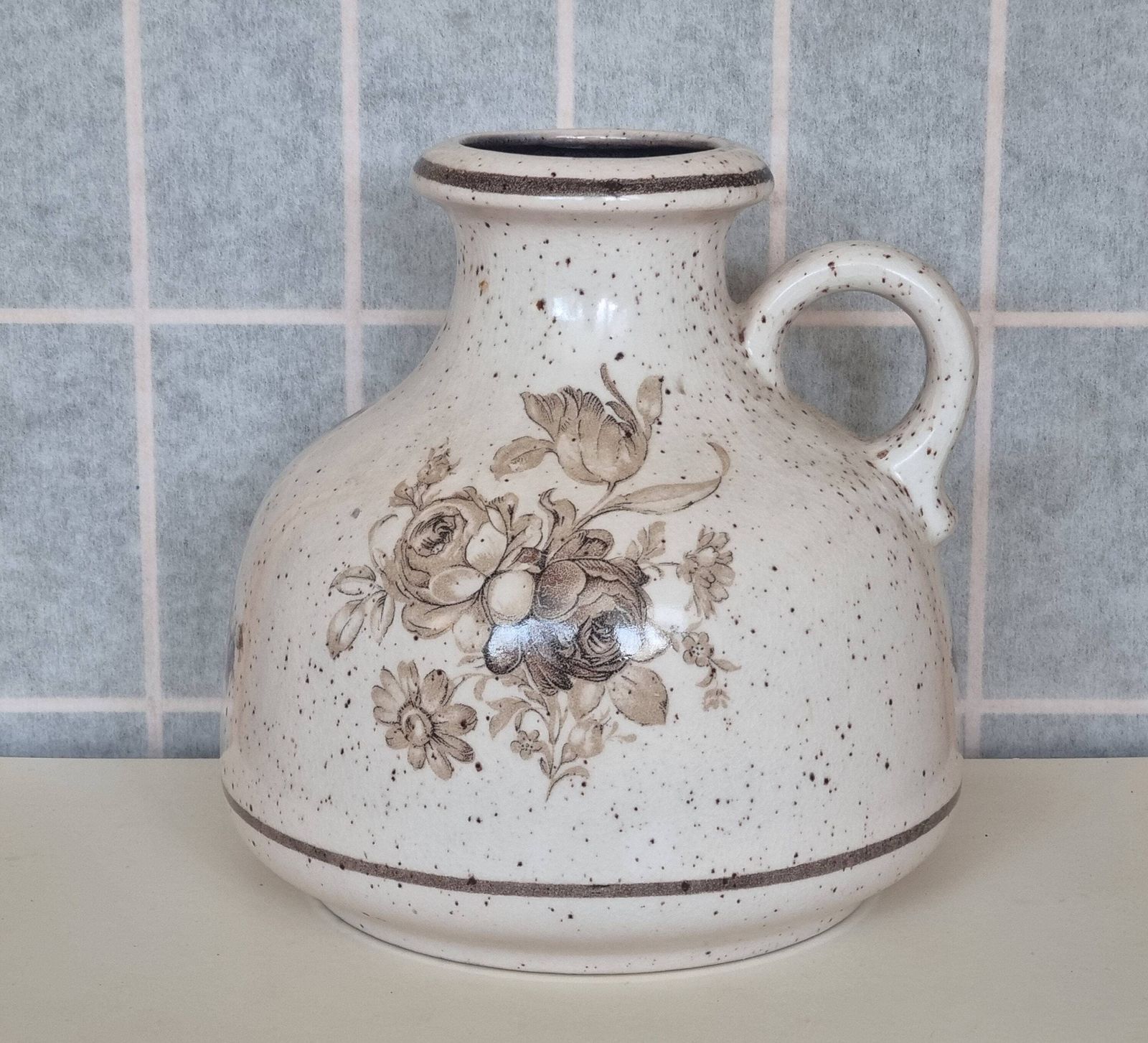 Scheurich German Pottery Vase | Mid Century Floral Jug | 1960s West German Ceramic | Speckled Beige Handled Jug Vase photo furniture