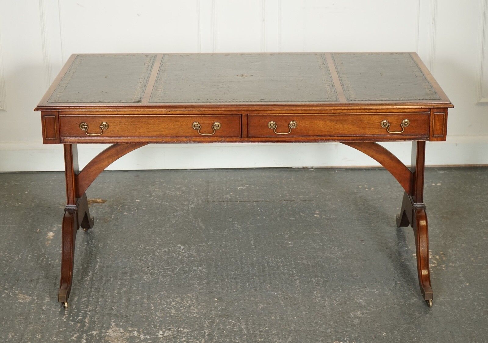 Bevan Funnel Regency Style Two Drawers Writing Office Desk Table Green Leather photo Furniture