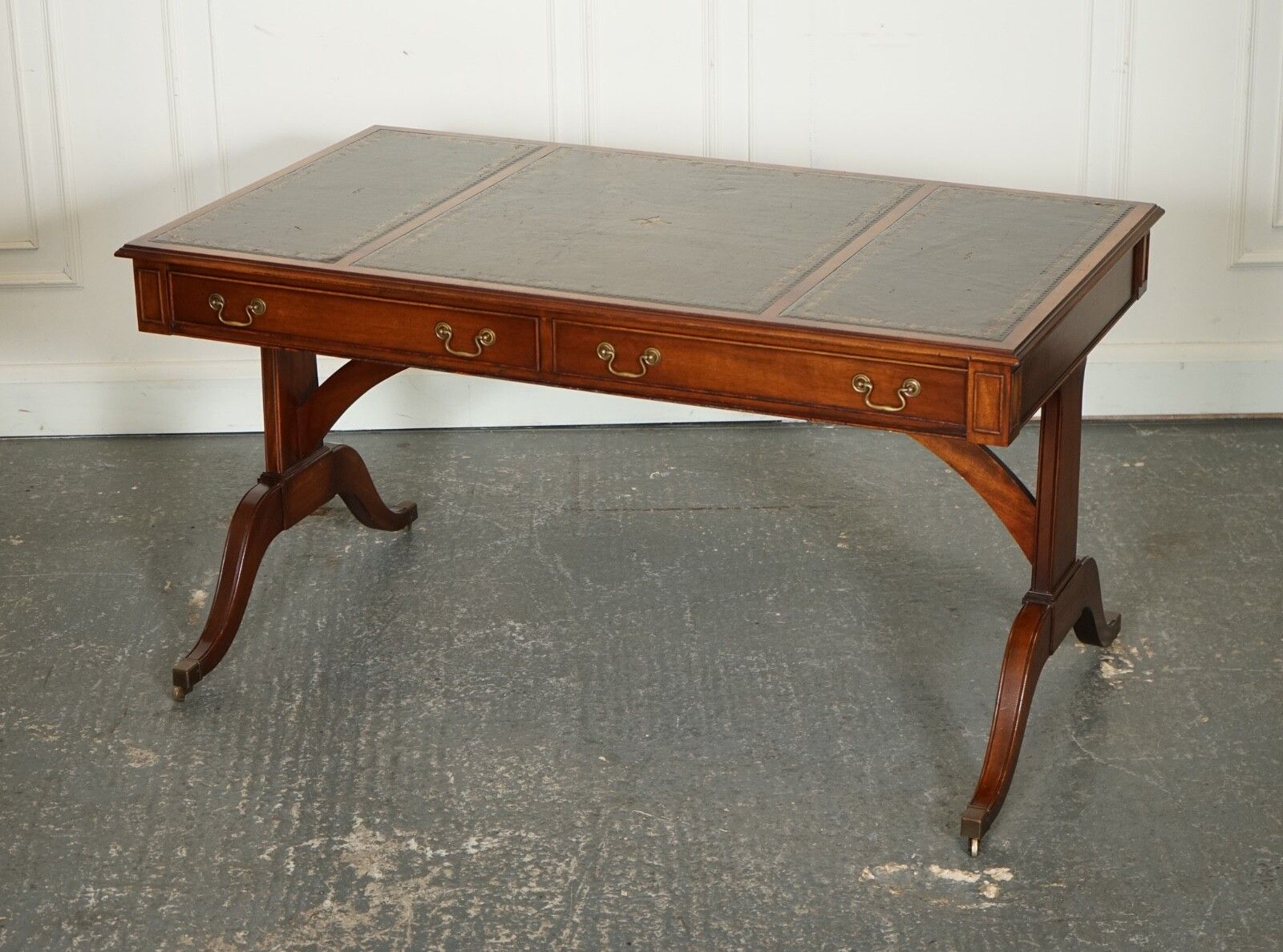 Bevan Funnel Regency Style Two Drawers Writing Office Desk Table Green Leather photo 1950.0